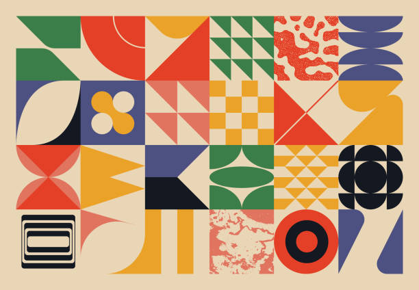 New Retro Pattern Artwork Design Composition New retro aesthetics in abstract pattern design composition. Art deco inspired vector graphics collage made with simple geometric shapes and grunge textures, useful for poster art and digital prints. 1930s style stock illustrations