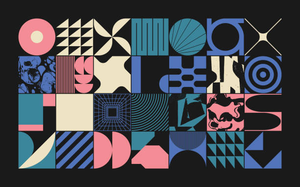 Geometric Distress Brutalist Pattern Artwork Design Composition Geometric distress aesthetics in abstract pattern design. Brutalism inspired vector graphics collage made with simple geometric shapes and grunge texture, useful for poster art and digital prints. meta description stock illustrations