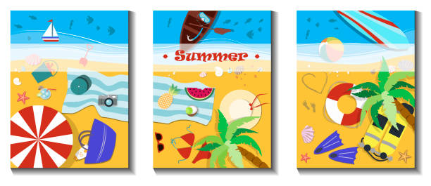 a set of three beach holiday illustrations. Flat vector, top view of the beach with the sea, umbrellas, sun beds, surfing and other summer accessories for sea adventures. a set of three beach holiday illustrations. Flat vector, top view of the beach with the sea, umbrellas, sun beds, surfing and other summer accessories for sea adventures. Summer posters, for advertising, flyers, banners. throwing in the towel illustrations stock illustrations