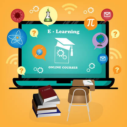 A flat vector concept design of e-learning using notebook computer. E-learning on laptop background illustration.