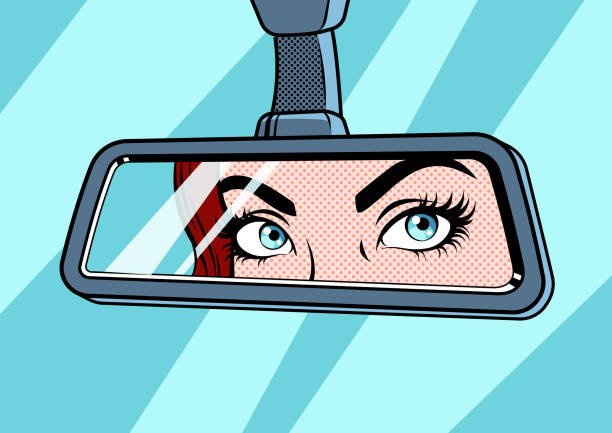 Eyes in the rear view mirror Woman looks in the rear view mirror. Pop art vector illustration. cartoon of the driving safety stock illustrations