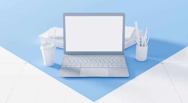 istock Gray laptop with white blank mockup screen on blue and white background 1226027282