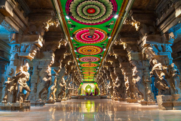 Thousand pillar hall, Meenakshi Temple MADURAI, INDIA - MARCH 23, 2012: The thousand pillar hall inside Meenakshi Temple, a historic hindu temple in Madurai city in Tamil Nadu in India menakshi stock pictures, royalty-free photos & images