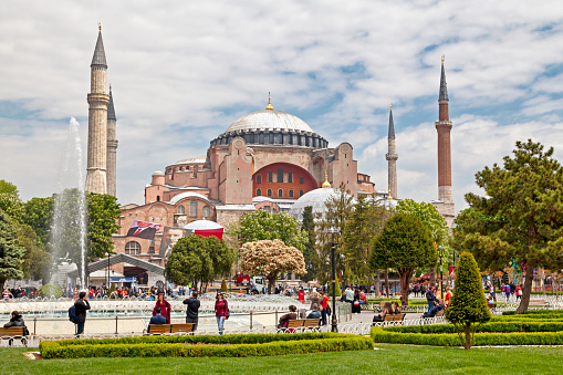 Istanbul, Turkey - May 09 2019: The Hagia Sophia is the former Greek Orthodox Christian patriarchal cathedral, later an Ottoman imperial mosque and now a museum.