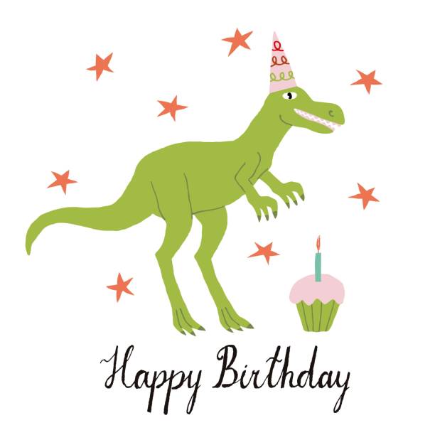 "Happy BIrthday" greeting card with cute green dinosaur. Tyrannosaur with a birthday hat and cake with candle. Handwritten text. Fun design for poster, postcard, print. Stock vector illustration. dinosaur birthday stock illustrations