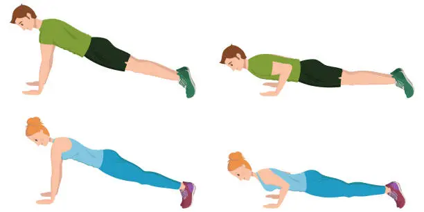 Vector illustration of Man and woman doing push-UPS.