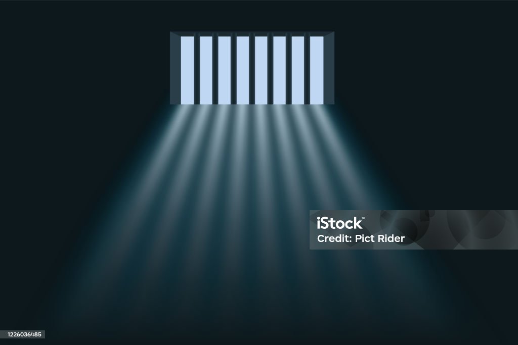 Símbolo de libertad con la luz del día pasando por los barrotes de una prisión. - arte vectorial de Cárcel libre de derechos