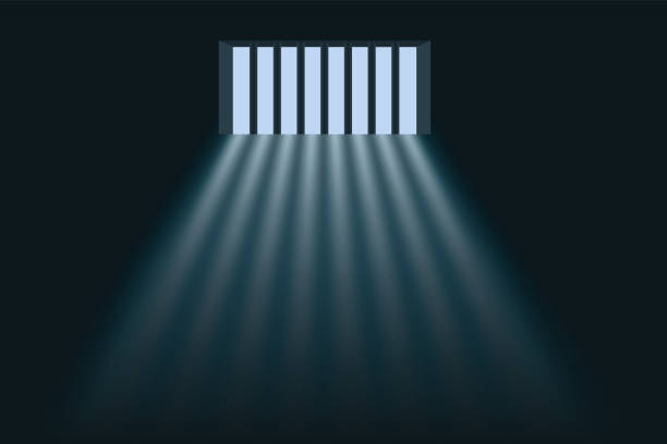 Symbol of freedom with daylight passing through the bars of a prison. Concept of prison and deprivation of liberty with daylight illuminating the inside of a cell through the bars of the window. jail stock illustrations