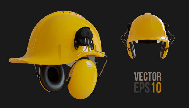 Set of isolated yellow hard hats with ear defenders. Realistic 3D Vector Illustration Isolated yellow hard hat with ear defenders. Realistic 3D Vector Illustration. ear protectors stock illustrations