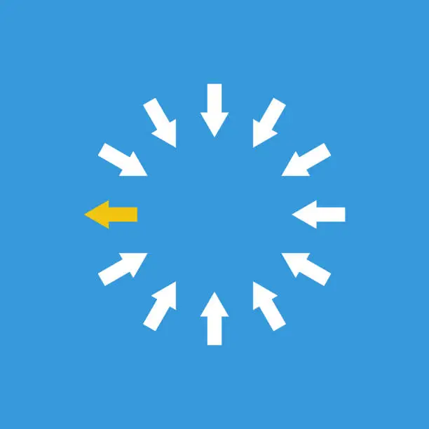 Vector illustration of many arrows inside and one outside moving, think different vector concept