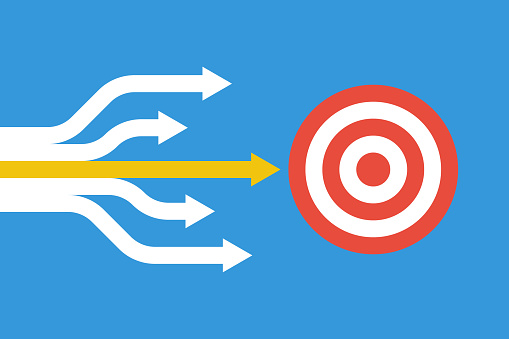 many arrows moving to one goal, teamwork or leadership vector concept