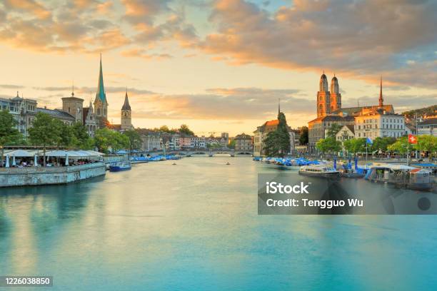 Glorious Sunset Along The Limmat Skyline In Zurich Switzerland Stock Photo - Download Image Now