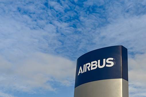 Broughton, Wales - March 2020: Sign outside one of the factory buildings at the Airbus plant at Broughton. The factory makes the wings for Airbus planes.