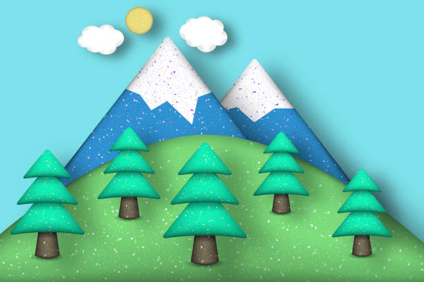 Style Paper Origami Concept. Style Paper Origami Concept: Applique Scene with Cut Pines, Mountains, Clouds, Sun. Cutout Template with Elements, Symbols. Modeling Landscape for Card, Poster. Vector Illustrations Art Design. polymer clay sweets stock illustrations