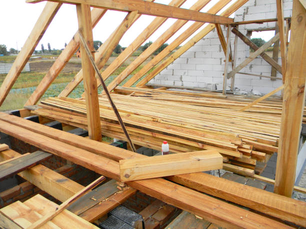 istock Unfinished house roofing construction trusses, timber. 1226039308