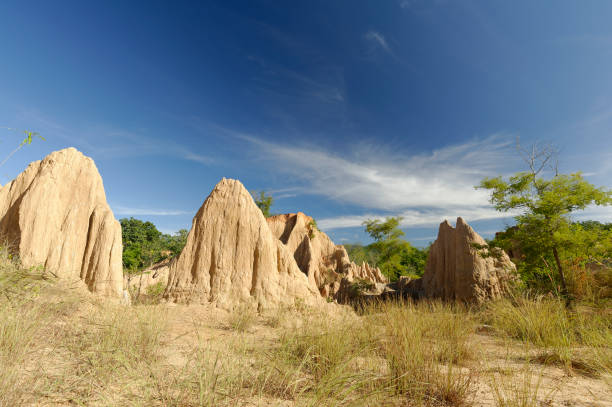 The sand stone or paddy soil very look like little grand canyon,cover with tree and blue sky. The sand stone or paddy soil very look like little grand canyon,cover with tree and blue sky. The whole place is surrounded with dirt poles and cliffs, which are high. Goreme stock pictures, royalty-free photos & images