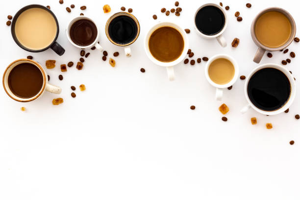 istock Cups of hot drinks on white table top-down space for text 1226039579