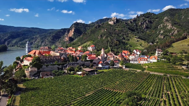 Aerial panorama of Durnstein town. Wachau valley, Austria Panorama of Durnstein, Wachau valley, Austria. durnstein stock pictures, royalty-free photos & images