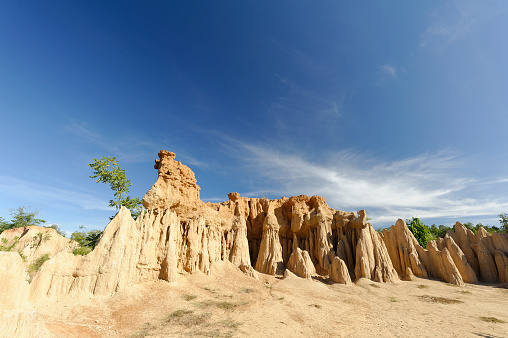 The sand stone or paddy soil very look like little grand canyon,cover with tree and blue sky. The whole place is surrounded with dirt poles and cliffs, which are high.