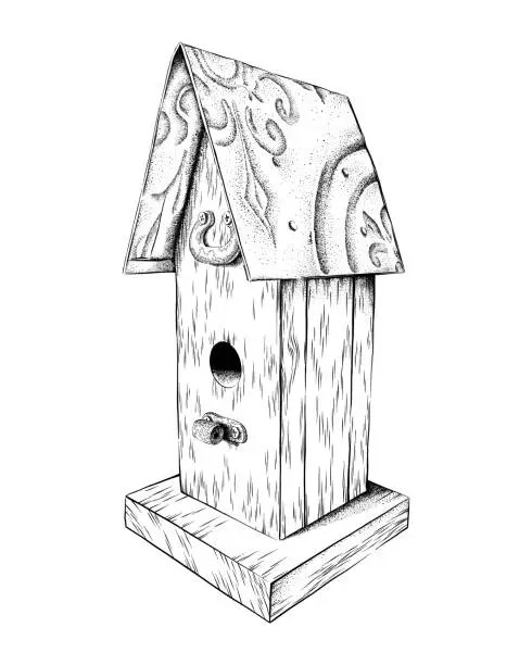 Vector illustration of Vintage Bird House Drawn in Pen and Ink. EPS10 Vector Illustration