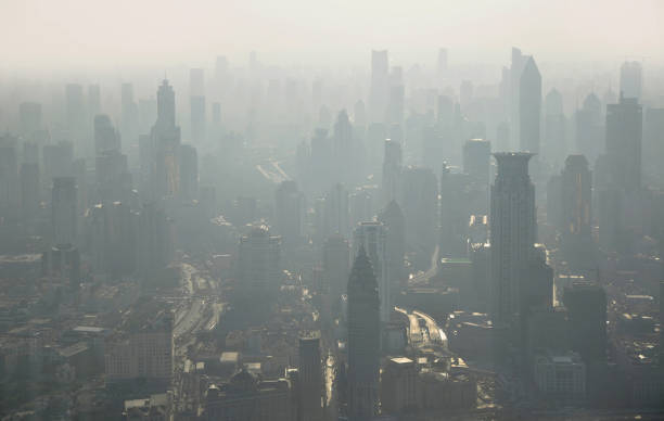 загрязнение воздуха в городе. вид с воздуха на шанхай с башни цзиньмао в китае - pollution street city street fog стоковые фото и изображения