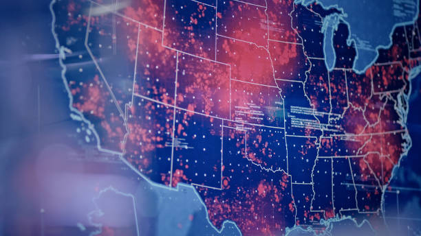 istock Futuristic laboratory. Virus spreading level on USA map. High infectivity 1226043998