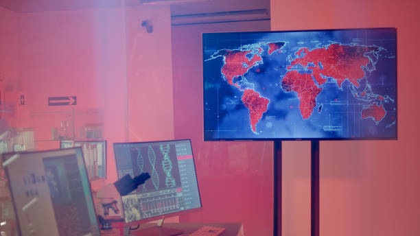 футуристическая лаборатория. уровень распространения вируса на карте мира. высокая инфекционность - красное оповещение - infectivity стоковые фото и изображения