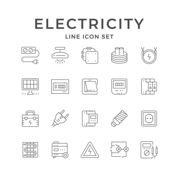 Set line icons of electricity Set line icons of electricity isolated on white. Cable extension, junction box, fusebox, lighting equipment, generator, wall electric switch, meter, socket, circuit breaker. Vector illustration fuse box stock illustrations