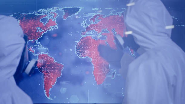 científicos en laboratorio. los mayores brotes del mundo en un mapa. muy alta infectividad - infectivity fotografías e imágenes de stock