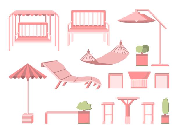 Set furniture for garden and terrace in flat style isolated on white background. Bench, deck chair, swing, deck chair, umbrella, tea table, trees Set furniture for garden and terrace in flat style isolated on white background. Bench, deck chair, swing, deck chair, umbrella, tea table, trees. Country furniture. wooden garden swing bench cartoon stock illustrations