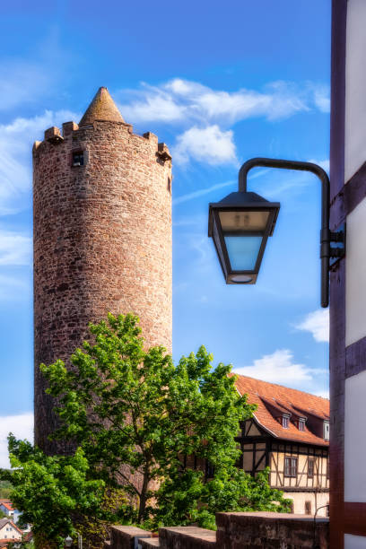 The Hinterturm tower in Schlitz, Vogellsberg, against blue sky on a sunny day