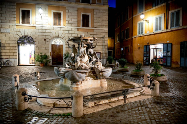 A beautiful night scene of the Fontana delle Tartarughe in Piazza Mattei in the heart of the Jewish Ghetto of Rome Rome, Italy, January 07 -- A beautiful night view of Piazza Mattei in the heart of the Jewish Ghetto of Rome, with the famous Fontana delle Tartarughe, a Renaissance fountain with bronze figures of young people, turtles and dolphins, attributed to the architect Giacomo della Porta and built in 1581. Image in HD format. prehistoric turtle stock pictures, royalty-free photos & images