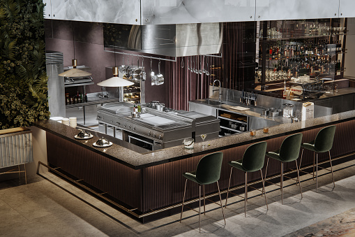 3d rendering of a luxury pub and restaurant. Interior of a restaurant with bar counter and chairs.