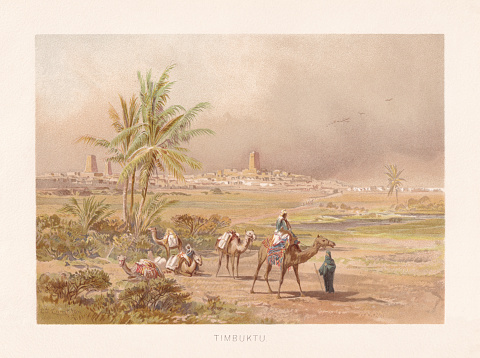 Historical view of Timbuktu in Mali. Chromolithograph after a drawing by Edward Theodore Compton (English painter, 1849 - 1921), published in 1891.