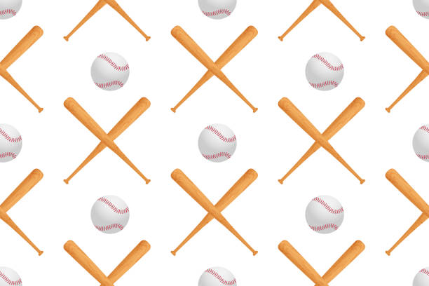 ilustrações de stock, clip art, desenhos animados e ícones de baseball ball and realistic 3d wooden cross bat seamless pattern. usa national sport game equipment on white background textile print.  vector illustration - textured sport leather backgrounds