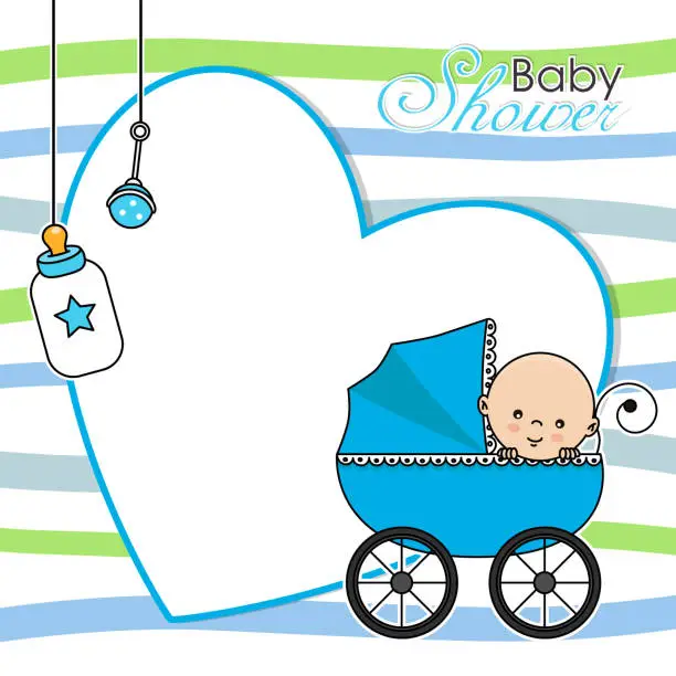 Vector illustration of Baby shower card. Baby boy in baby car. Space for text