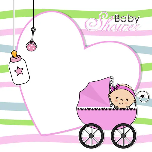 Vector illustration of Baby shower card. Baby girl in baby car. Space for text