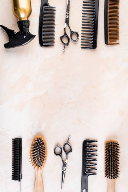 istock Hairdresser tools. Flat lay on beige background top view space for text 1226052499