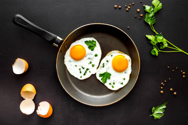 istock Fried eggs on frying pan on black desk top-down 1226054334