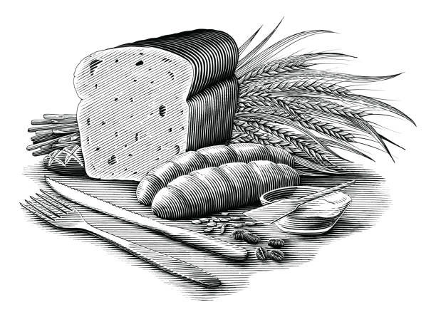 Bread collection illustration vintage engraving style black and white clipart isolated on white background