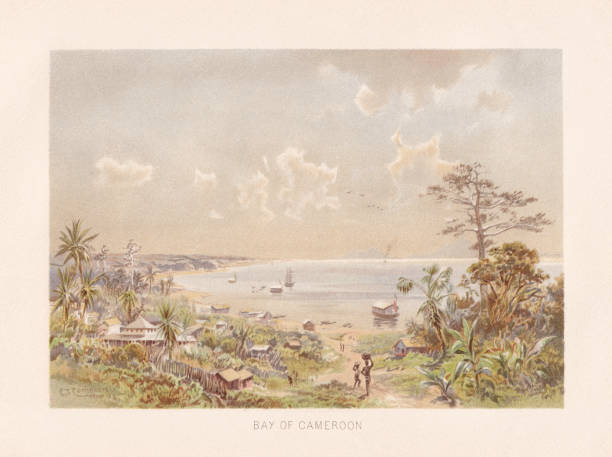 The Bay of Cameroon in West Africa, chromolithograph, published 1891 Historical view of the Bay of Cameroon (Gulf of Guinea) in West Africa. Chromolithograph after a drawing by Edward Theodore Compton (English painter, 1849 - 1821), published in 1891. africa village aerial stock illustrations