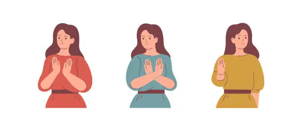 Vector illustration of Women speak NO with gestures. People express dissatisfaction and disagreement.