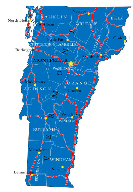 Vermont state political map Detailed map of Vermont state,in vector format,with county borders,roads and major cities. essex england illustrations stock illustrations