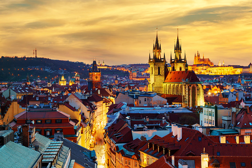 Amazing cityscape view of Prague Castle and church of our Lady Tyn, Czech Republic during sunset time. View from powder tower. World famous landmarks in Europe