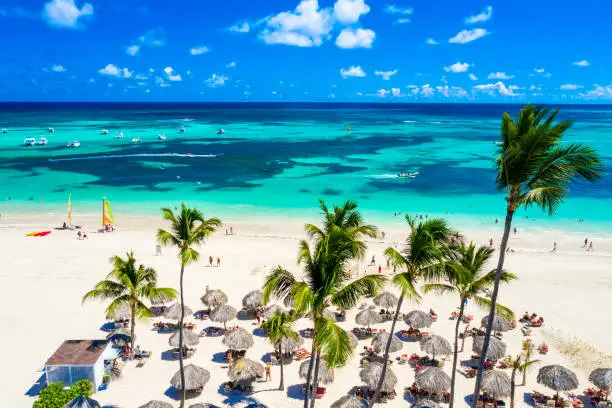 Aerial drone view of beautiful atlantic tropical beach with palms, straw umbrellas and boats. Bavaro, Punta Cana, Dominican Republic. Vacation background