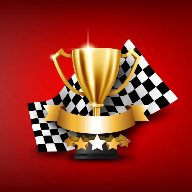 Vector illustration of Realistic Golden Trophy with Checkered flag racing championship and place for text