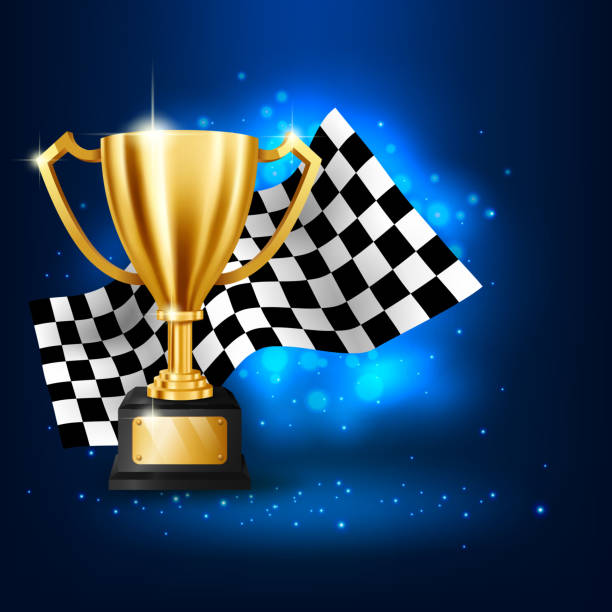 Realistic Golden Trophy with Checkered flag racing championship on blue background Compatible with Adobe Illustrator version 10, No raster and is easy to edit, Illustration contains transparency and blending effects hunting trophy stock illustrations
