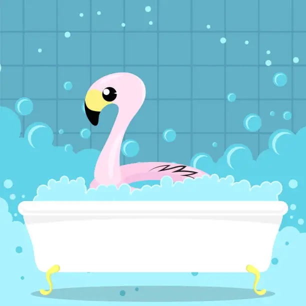 Vector illustration of Inflatable Pink Flamingo Toy on Bath Background. Swimming Pool Ring for Kids. Rubber Tropical Bird Shape.