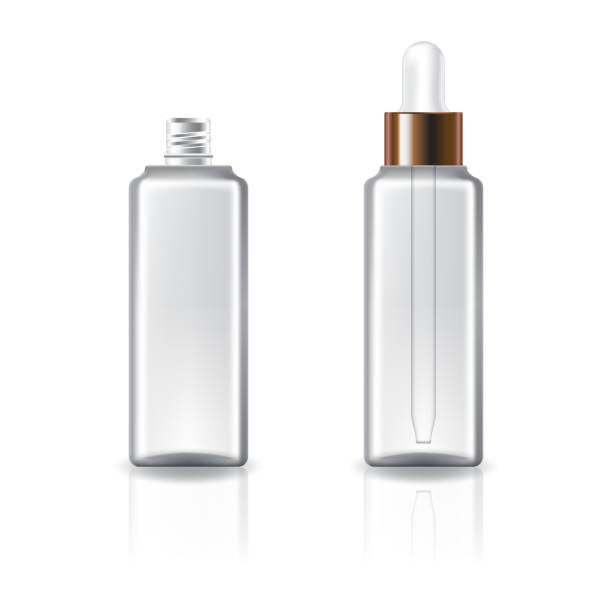 istock Clear cosmetic square bottle with white dropper and copper ring for beauty, healthy product. Isolated on white background with reflection shadow. Ready to use for package design. Vector illustration. 1226060579