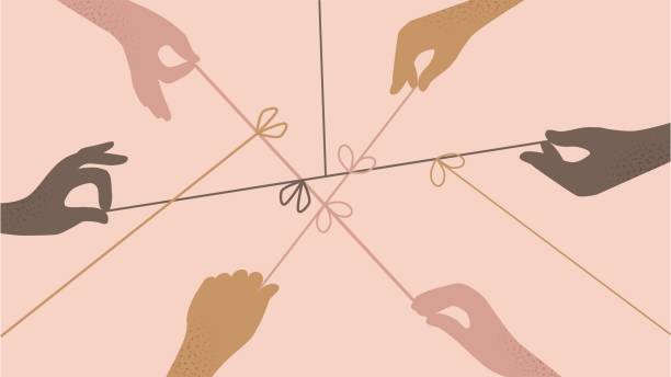 Cartoon human hands pulling on strings trying untie simple knots top view isolated Cartoon human hands pulling on strings trying untie simple knots top view isolated. Team of different people arms collaborating together vector flat illustration. Concept of resolving problems easily ropes tied together stock illustrations